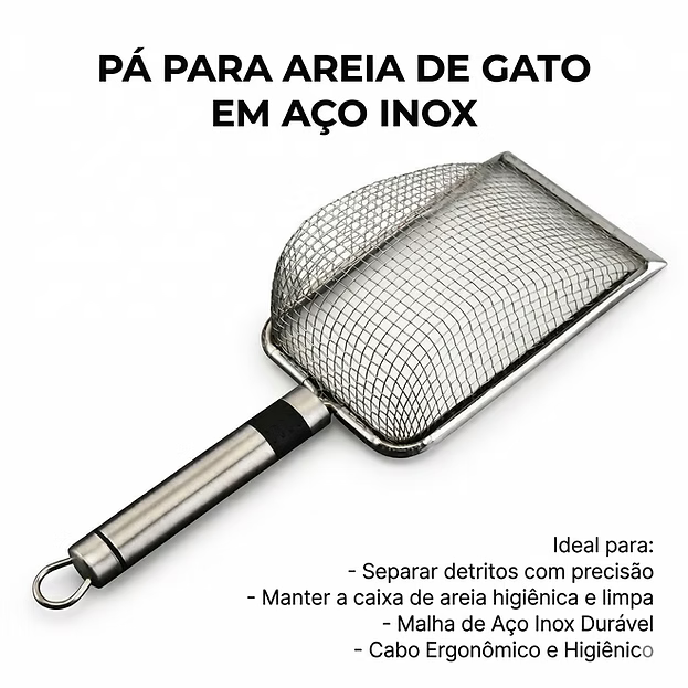Pá para Areia de Gato em Aço Inox com Peneiração Rápida