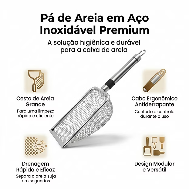 Pá para Areia de Gato em Aço Inox com Peneiração Rápida