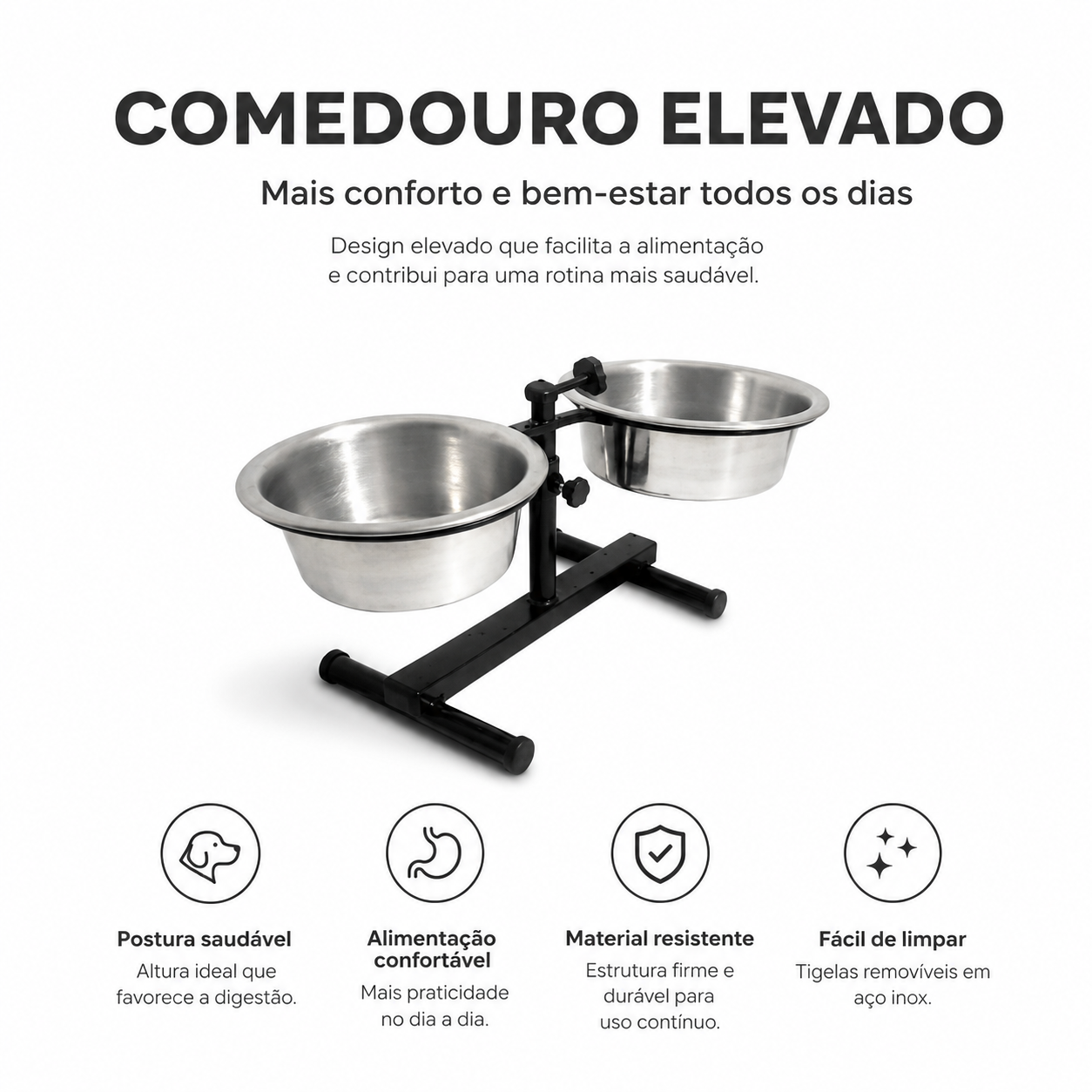 Comedouro Elevado Duplo Ajustável para Cães e Gatos em Alumínio
