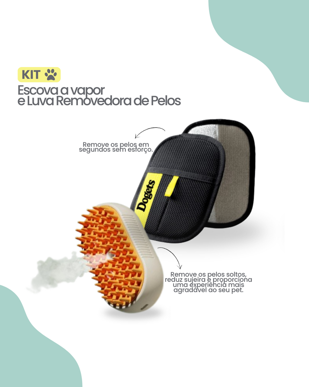 Kit Premium de Higiene para Pets | Luva Removedora de Pelos + Escova a Vapor