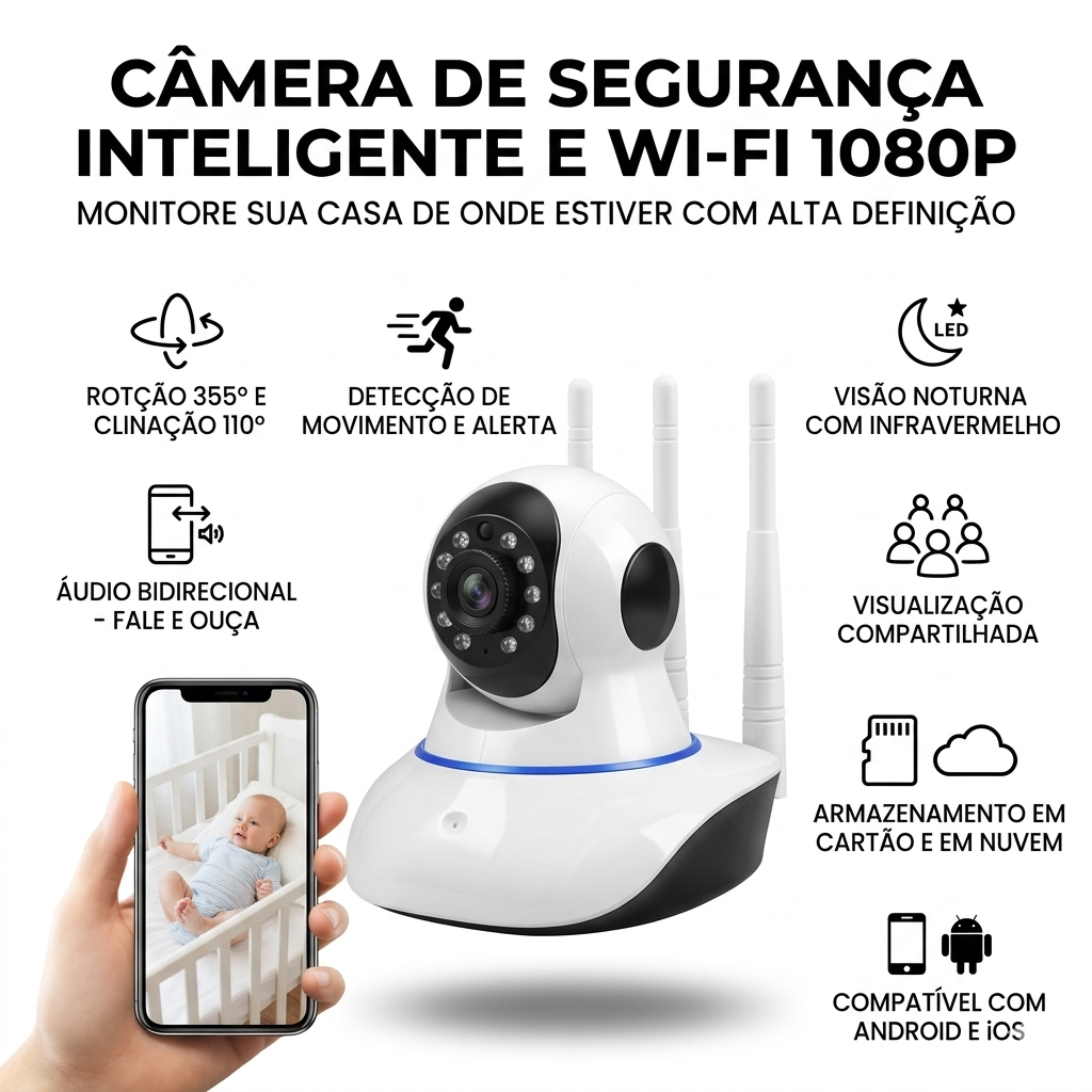 Câmera WiFi Inteligente 360° com Áudio e Visão Noturna para Monitoramento de Pets