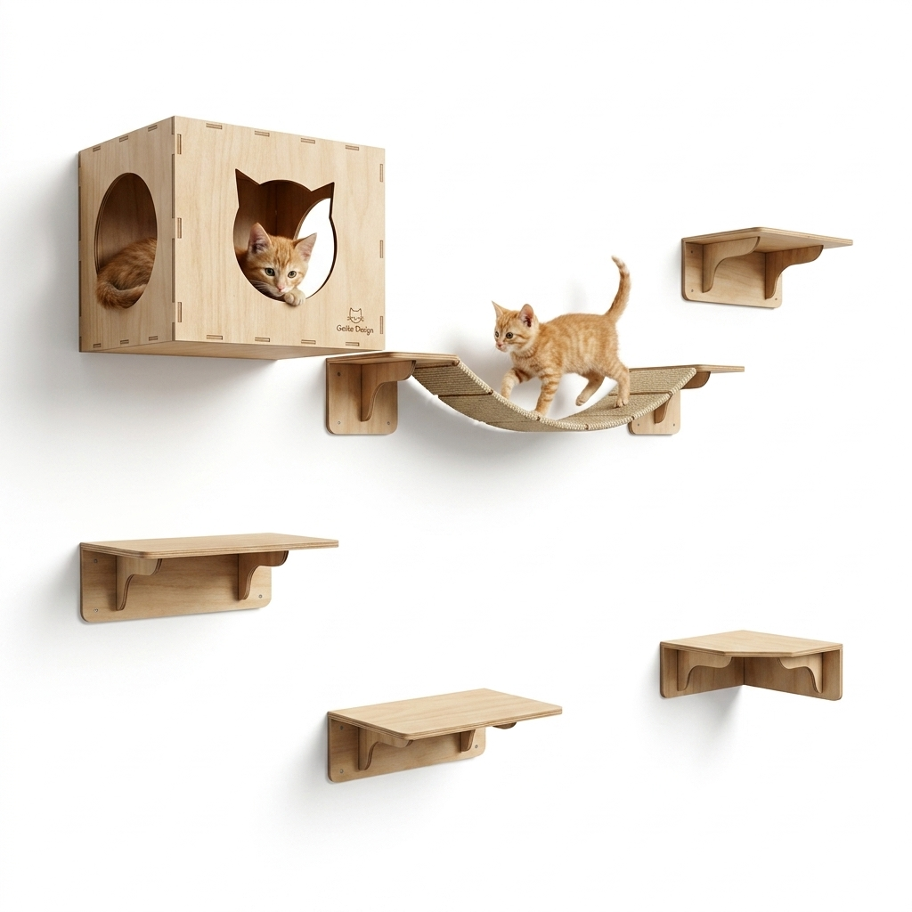 Playground para Gatos de Parede com Nicho Ponte e Prateleiras 8 Peças