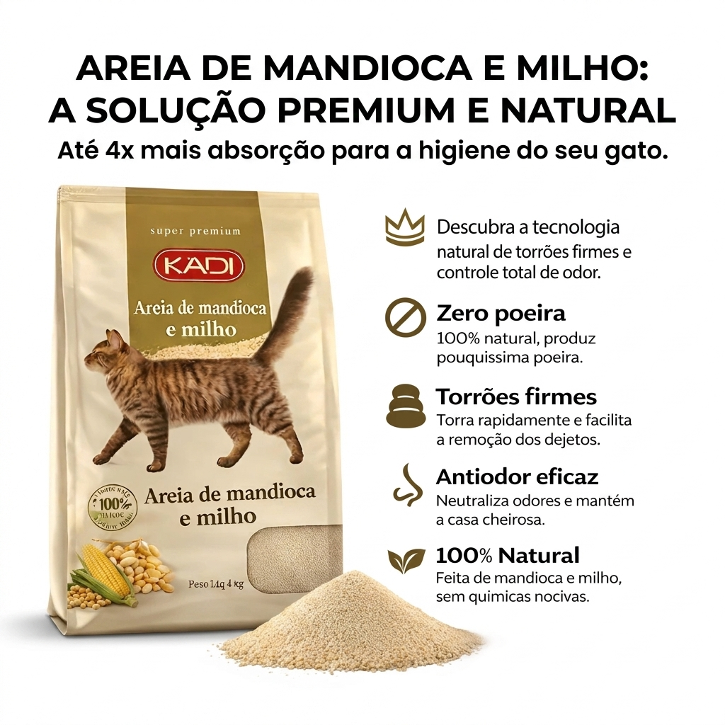 Areia Higiênica Vegetal para Gatos Kadi Super Premium 4kg