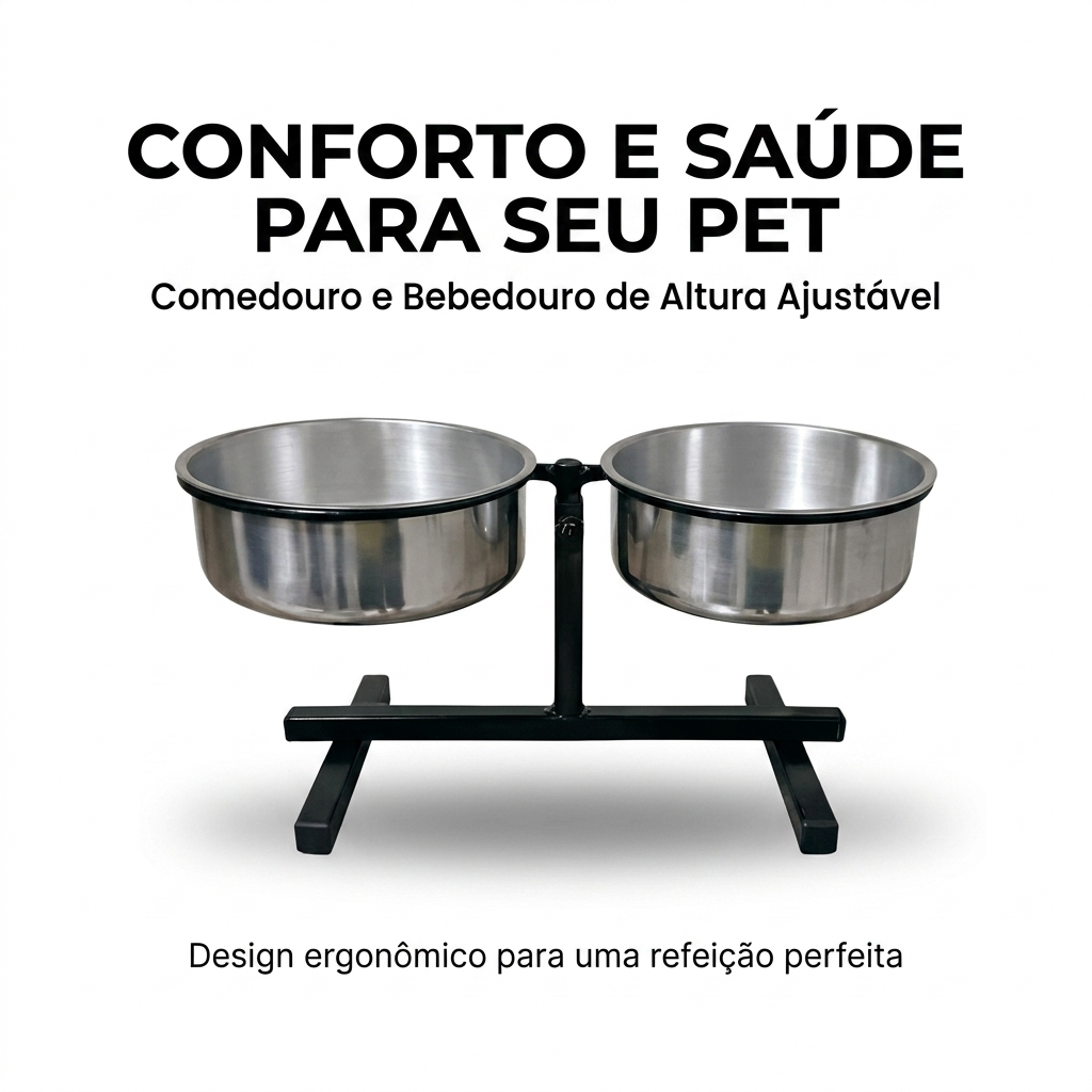 Comedouro Elevado Duplo Ajustável para Cães e Gatos em Alumínio