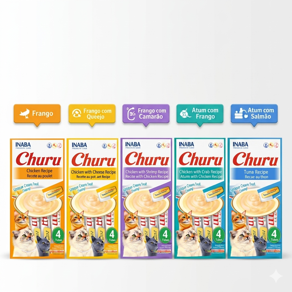 Petisco Cremoso Churu para Gatos - 4 Tubos Vários Sabores Original