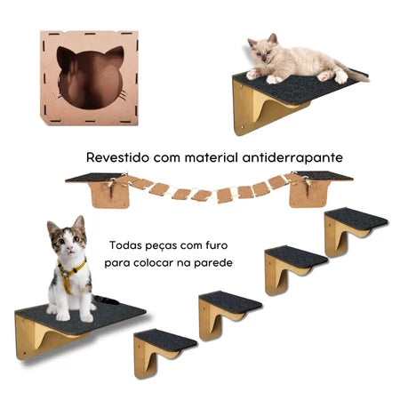 Playground para Gatos de Parede com Nicho Ponte e Prateleiras 8 Peças