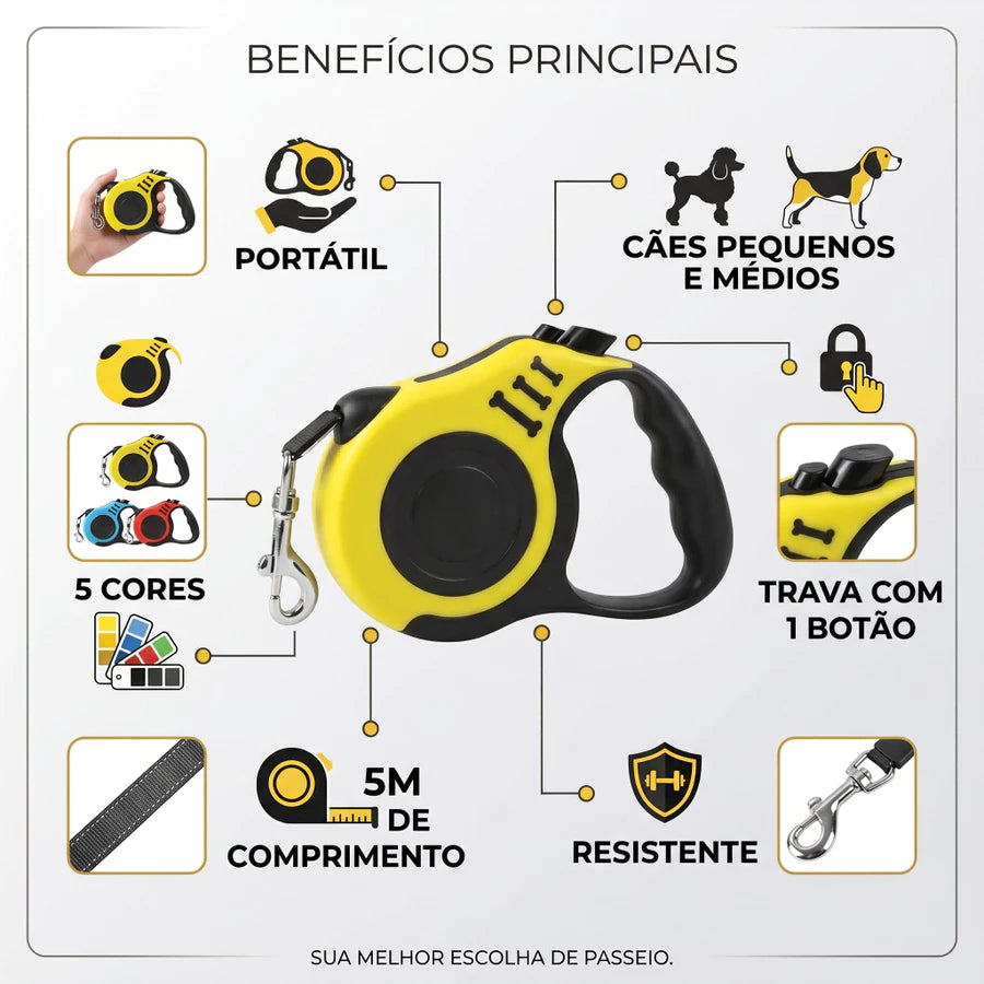 Guia Retrátil para Cachorro e Gato 5 metros Automática em Nylon