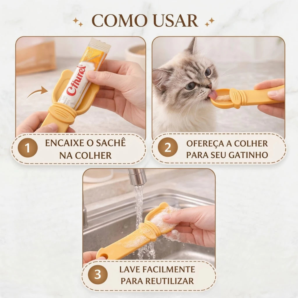 Colher Espremedora para Petisco Churu Alimentador de Sachê para Gatos